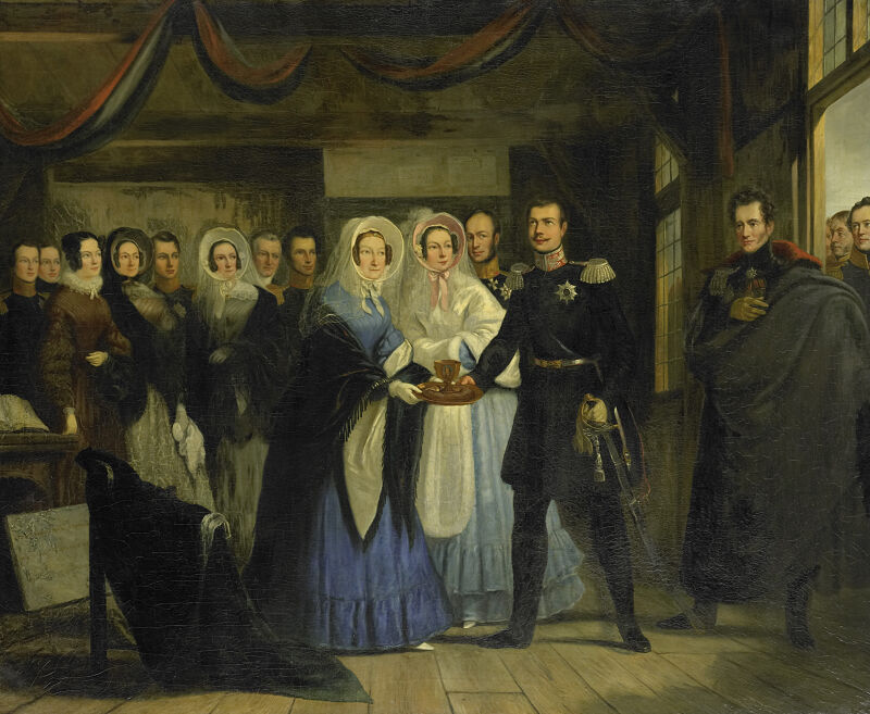 The Princess of Orange receives Alexander II, Grand Duke and heir to the throne of Russia, in the Tsar Peter House in Zaandam, April 17, Christiaan Julius Lodewijk Portman, between 1839 and 1840