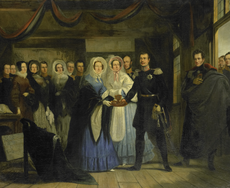 The Princess of Orange receives Alexander II, Grand Duke and heir to the throne of Russia, in the Tsar Peter House in Zaandam, April 17, Christiaan Julius Lodewijk Portman, between 1839 and 1840