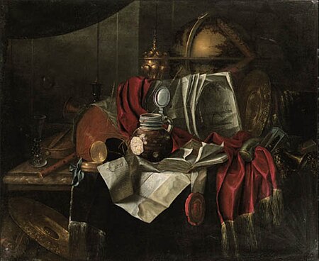 Vanitas still life with musical instruments, documents, a globe and other objects on a partially set table, Franciscus Gijsbrechts, circa 1675