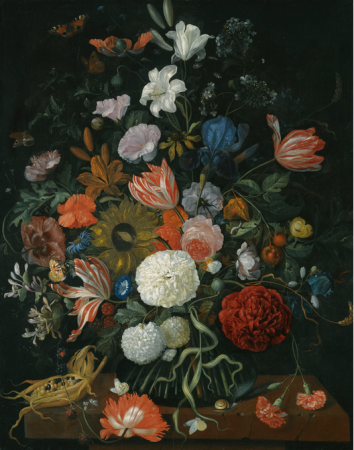 STILL LIFE OF FLOWERS IN A VASE ON A STONE LEDGE WITH A CORN COB AND A SNAIL