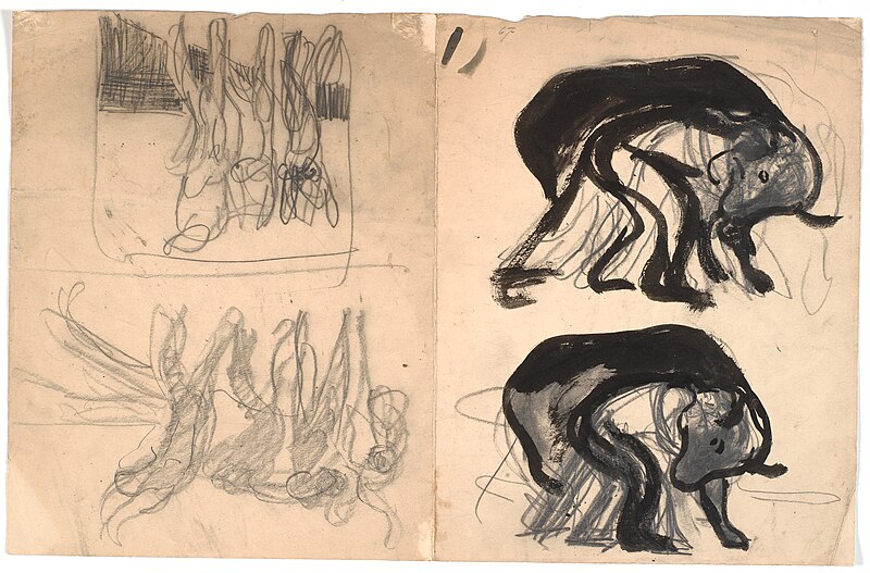 T.v: two compositional sketches with a crouching human beneath a bear-like animal. T.h.: two compositional sketches with several figures, Karl Isakson