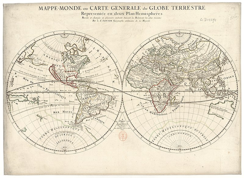 World map or general map of the terrestrial globe represented in two hemisphere planes... / by Mr Sanson, ..., 1669