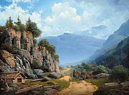 Landscape from South Germany with a path twisting to the valley., Anton Eduard Kieldrup, between 1845 and 1869