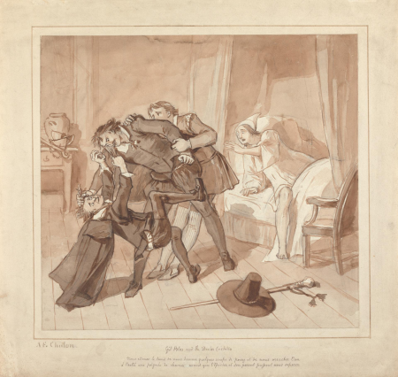 Gil Blas, While Practising Medicine under Dr. Sangrado, Encounters Dr. Cuchillo at the Bedside of the Grocer, Alfred Edward Chalon, circa 1820