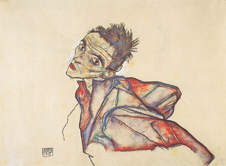 Self-portrait with arms held back, Egon Schiele, 1915