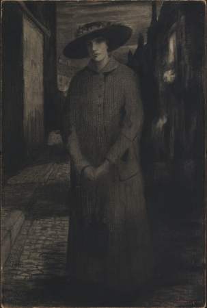 Standing woman, alone in a street at dusk, a symbol of the anguish and mute despair of wives and widows of soldiers, Gisbert Combaz, 1916