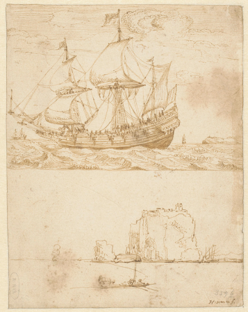 Oost-Indiëvaarder en zeegezicht met rots, RP-T-1903-A-4766(R), between 1576 and 1640