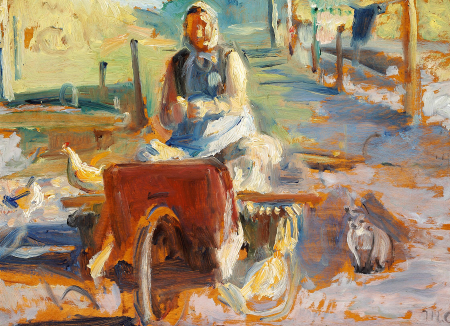 A woman of Skagen with cat and hens., Michael Peter Ancher, between 1867 and 1927