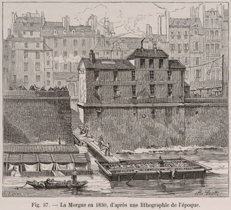 The Morgue in 1830, from a lithograph of the time, Theodor Josef Hubert Hoffbauer, between 1875 and 1882