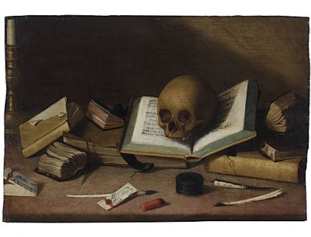Still life with books and a skull, Charles Emmanuel Biset, between 1648 and 1693