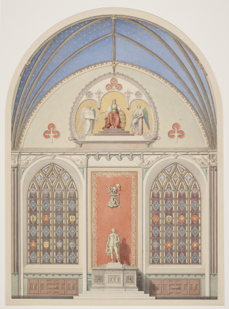 Draft for the decoration of the vault in Christian IV's chapel in Roskilde Cathedral. Decoration in the middle with a statue of Christian IV, Heinrich Eddelien, 1845