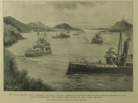 The Chinese Question, HMS Centurion and HMS Iphigenia joining the British Squadron off Port Hamilton, Christmas Day, 1897, Signal by Semaphore, The Admiral wishes Officers and Men a Merry Christmas, Charles de Lacy, 26 February 1898