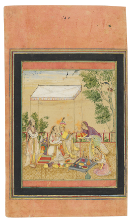 An adoring couple and a calligraphic panel the painting signed ‘Ali Quli Jabbadar, dated 1655-56; the calligraphy Safavid Iran, 17th century, between 1655 and 1656