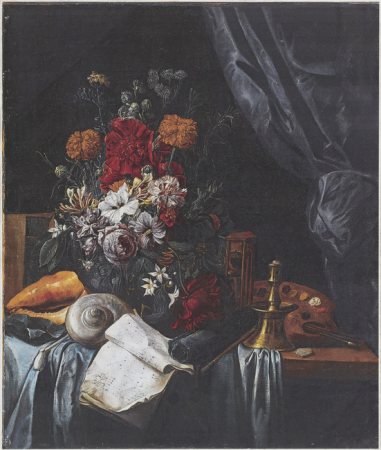 Vanitas still life with flowers, an hourglass, conch shell, a palette and brushes, Carel Fonteyn, between 1655 and 1665