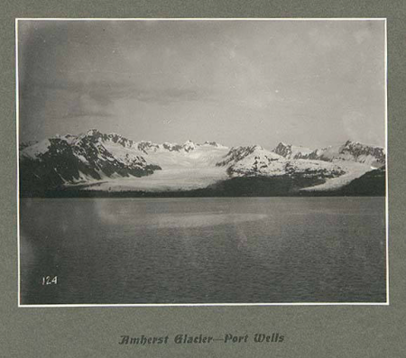 Amherst Glacier, left, and Crescent Glacier, right, on the northwestern arm of Prince William Sound called Port Wells, Alaska, June 26, 1899., Taken on 29 June 1899