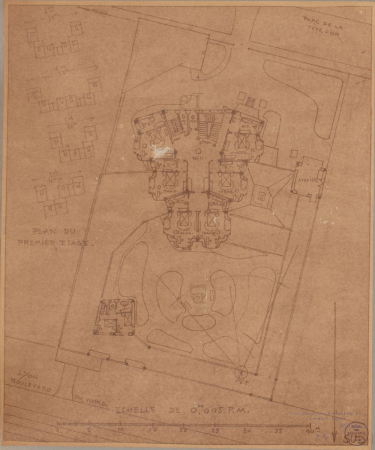 Housing projects on the edge of the Tête d'Or park in Lyon. Plans for a house on the first floor, Tony Garnier, 1904