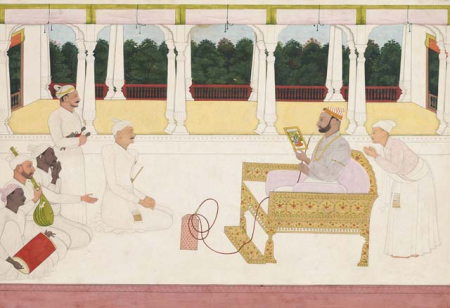 Raja Balwant Singh of Jasrota examining a painting with Nainsukh, Nainsukh, between 1745 and 1750