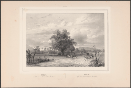 Gezicht op een straat in Serang Serang. Hoofdplaats van de residentie Bantam (titel op object) Java (serietitel op object) Gezigten uit Neêrlands Indië (serietitel op object), RP-P-2016-2260-2-1, Paul Lauters, between 1843 and 1845