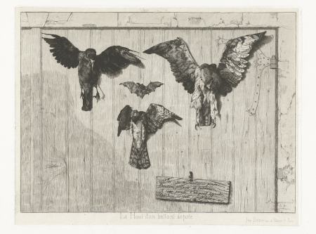 Drie dode vogels en vleermuis op deur gespijkerd Le Haut d'un battant de porte (titel op object), RP-P-1973-218, Auguste Delâtre, 1852