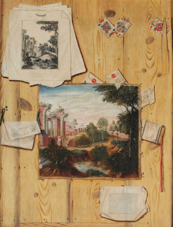 A 'trompe l'oeil' of a wooden panelling with a painted canvas of a landscape 'capriccio', a pile of prints with a repetition of the painted subject, an almanach, sealed letters and playing cards, Jacobus Plasschaert, between 1739 and 1765