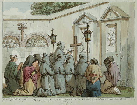 Penitents named Sacconi doing the Via Crucis inside a Cemeterium in Rome, Bartolomeo Pinelli, 1814