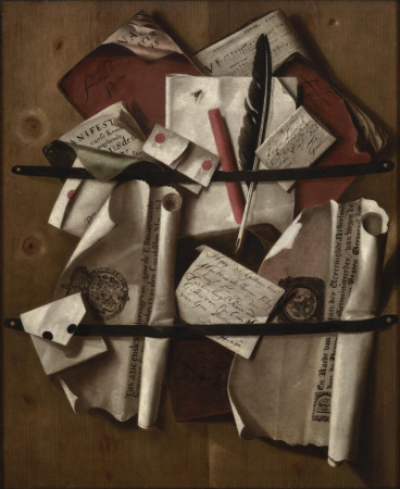 Trompe L’Oeil of various Documents, Parchment Scrolls, Sheet Music, a Feather Quill and a Stick of Sealing Wax pinned to a Deal Board with two Strips of material, Martinus Nellius, 1697