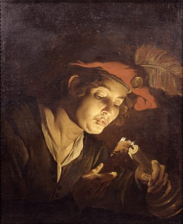 Boy lighting a candle from a wick, Matthias Stom, between 1632 and 1639