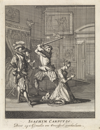 Joachim von Carpzov beveelt de onthoofding van zijn vrouw, 1623 Joachim Carpitzo, Doet zyn Gemalin om Overspel onthalsen (titel op object), RP-P-OB-44.775, Jan Luyken, 1699