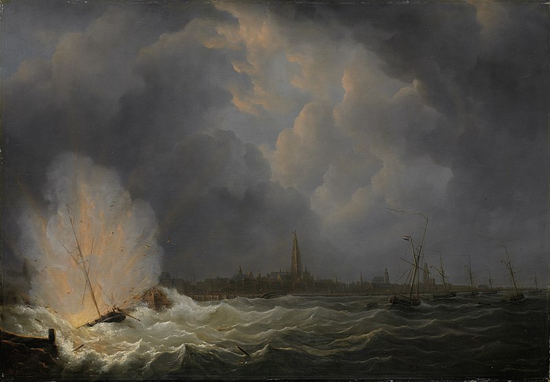 The explosion of gunboat no. 2 under the command of Jan van Speijk off Antwerp, February 5, 1831, Martinus Schouman, 1832