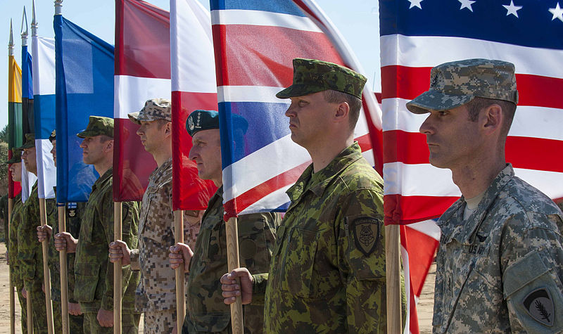 A color guard with flags representing participating countries stands at attention before the opening ceremony of Exercise Saber Strike at the Pabrade Training Area in Lithuania, June 3, 2013 130603-A-EQ309-001