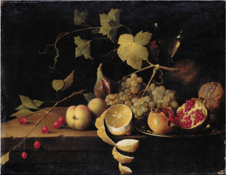 Still life of cherries, peaches, a half-peeled lemon, grapes on a vine, a fig, and an open pomegranate on a silver platter, in front of a tall wine glass, Thomas de Paep, between 1638 and 1670