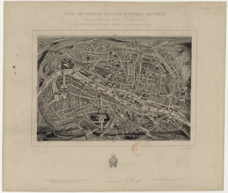 View (in relief and from a bird's eye view) of Paris, its surroundings and its fortifications... / drawn by A. Testard, Jacques-Alphonse Testard, 1860