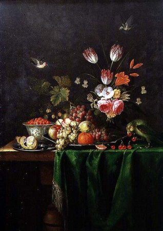 Still-life of Fruit and Flowers with a Parrot on a Table, Pseudo-Simons, between 1650 and 1670