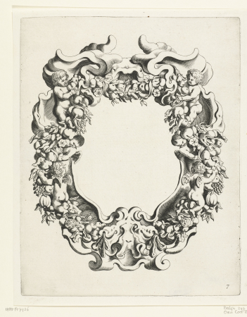 Cartouche met kwabornament met twee putti en vier engeltjes Veelderhande Niewe Compartemente (serietitel), RP-P-1883-A-7436, Michiel Mosijn, between 1640 and 1655