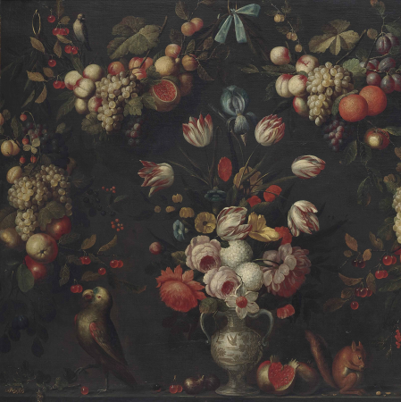 Roses, hydrangeas, parrot tulips and other flowers in a porcelain vase, with a parrot and a squirrel on a ledge, surrounded with garlands of apples, pears, grapes and pomegranates, Pseudo-Simons, between 1650 and 1680