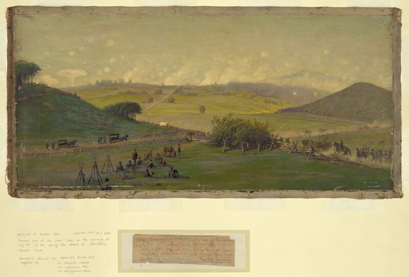 General view of the Union lines on the morning of July 3rd, 10 AM, during the attack of Johnston's Div. C.S.A. - Edwin Forbes. LCCN2004661942, 1865