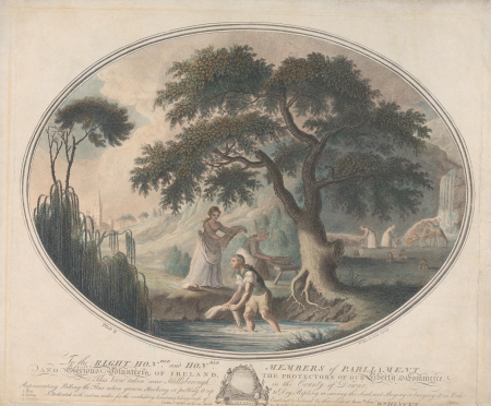 Plate II: View taken near Hillsborough in the County of Downe, Representing Pulling the Flax when grown, Stooking or putting it up to Dry, Ripling or saving the Seed, and Boging or burying it in Water, William Hincks, 1791