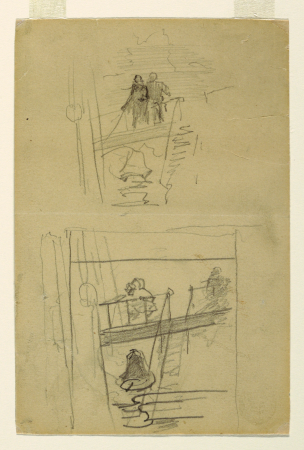 Drawing, Recto: Sketches of Figures at Ship's Railings, probably 1895, Winslow Homer, probably 1895