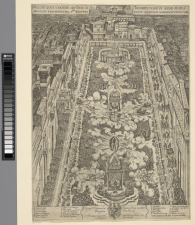Paasviering op Piazza Navona in Rome Processio qe fit a natione Hisp.ca Rom. in fes to s.mae resurrectionis in agone platea archicon fraternitatis sme resvrectionis nationis Hispaniorum deurbe (titel op object), RP-P-OB-38.228, Antonio Tempesta, 1603
