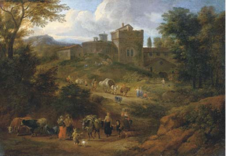 Italianate landscape with travellers on a hilly path near a villa, Mathys Schoevaerdts, between 1682 and 1702
