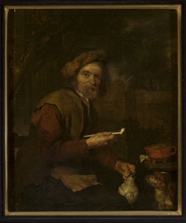 Smoker with a pipe and a pitcher in his hands, Gabriel Metsu, 1662