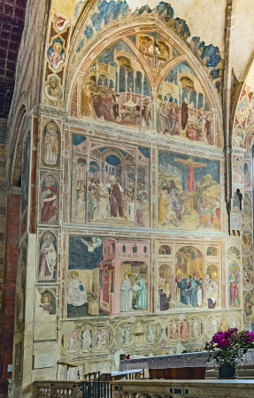 Only the frescos of the left wall, the work of Guariento (1361-65), remains of the decoration of the apse chapel. The subject of the cycle are the stories of the saints Philip and Augustinus., Guariento di Arpo, from 1361 until 1365