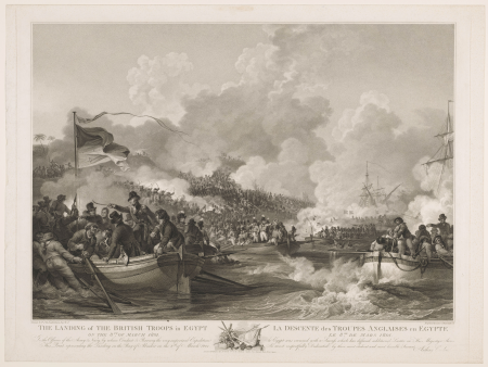 Aankomst Britse troepen te Egypte The landing of the British troops in Egypt on the 8th of March 1801 La descente des troupes Anglaises en Egypte le 8me de Mars 1808 (titel op object), RP-P-OB-73.032, Antoine Cardon, 1804