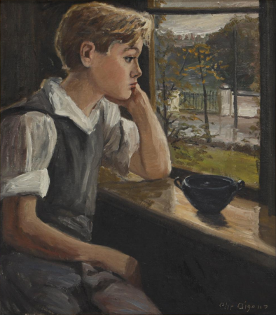 A boy sitting at a window. (60 x 51 cm)., Christian Aigens, between 1888 and 1940