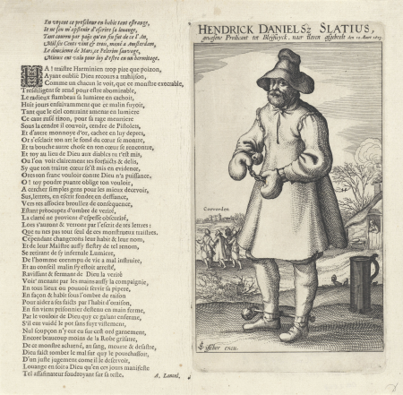 Henricus Slatius, met hand- en voetboeien, 1623 Hendrick Danielsz Slatius, gewesene Predicant tot Bleijswyck, naer t'leven afgebeelt den 12. Maert 1623 (titel op object), RP-P-OB-2503