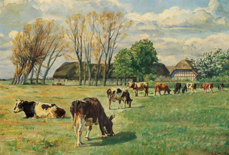 Cows grazing in a field in front of a farm., N.P. Mols, 1918