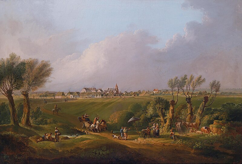 Motif from the Marchfeld with the village of Ebenthal in the background, in the foreground the painter at the easel, Conrad Bühlmayer