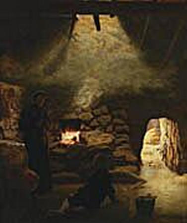 Stone building with mother and child at a fireplace., Aage Exner, between 1888 and 1951