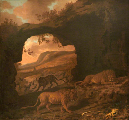 A Pair of Lions with a Leopard in a Cave, Dirck van der Bergen, between 1675 and 1677