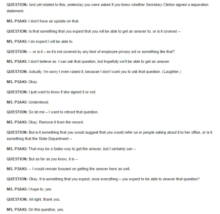 2015 03 13 US State Dept response to question on whether Hillary Clinton signed Form OF-109